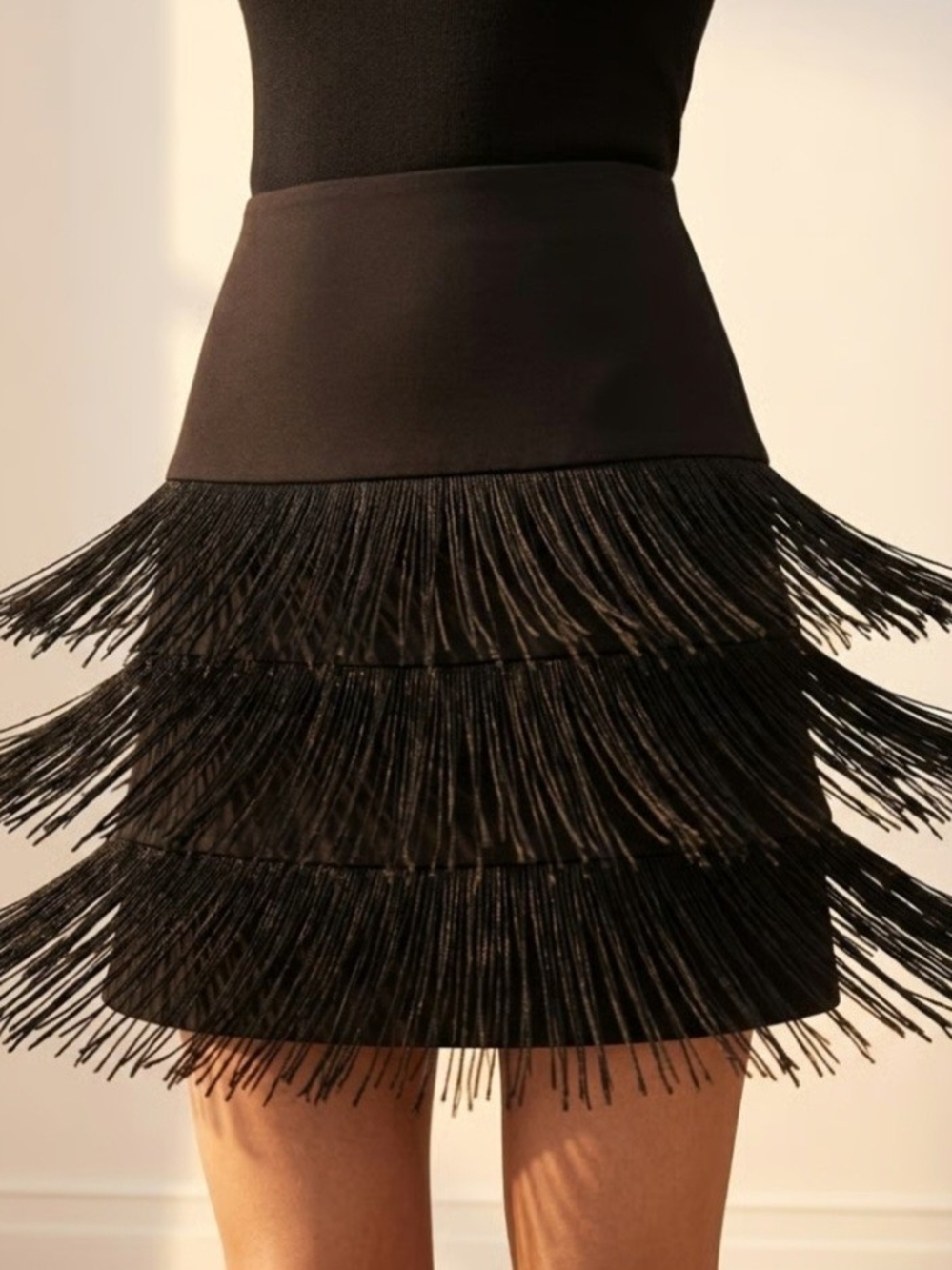 Ann Taylor Black Fringe Tiered Mini Dress